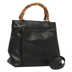 GUCCI Bamboo Hand Bag Leather 2way Black Gold